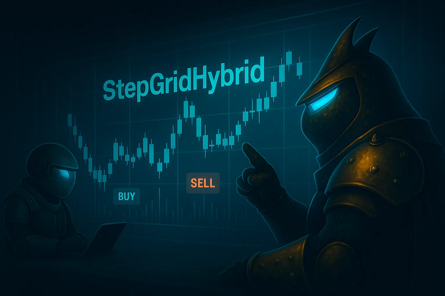 Forgeback on the left and Slugbot on the right in front of a candlestick chart with StepGridHybrid