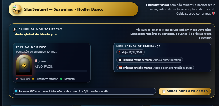 Interface do SlugSentinel V1 — painel de monitorização, escudo de risco e mini-agenda de segurança.