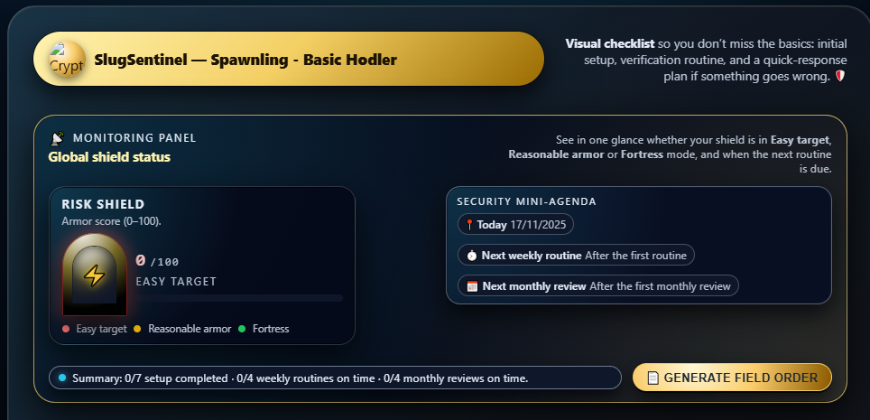 SlugSentinel V1 interface — monitoring panel, Risk Shield and mini security agenda.