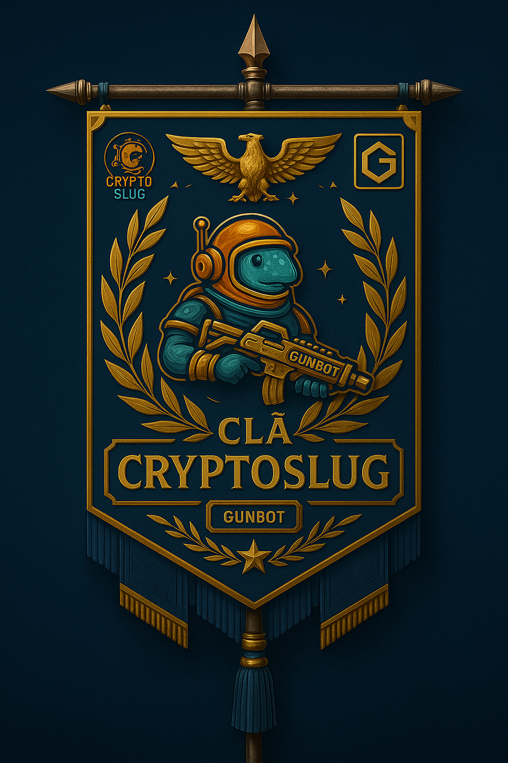 Estandarte do Clã CryptoSlug, estilo romano com símbolos e armas GUNBOT